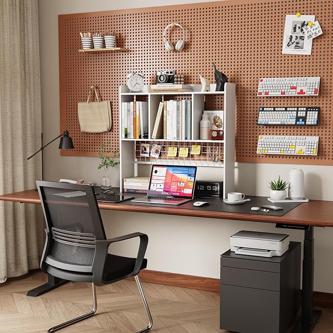 Desktop Bookshelf,Countertop Storage Hutch with 3 Shelves for Computer Desk，2-Tier Display Rack with Grid Panel, Multipurpose Wood Desk Hutch Storage Organizer for Home Office Dorm (White)
