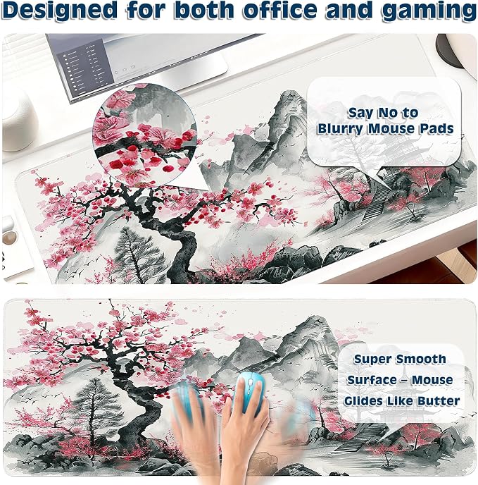 Gaming Desk Mat with Silky Smooth Surface & Exquisite Patterns,31.5x11.8 Inches Large-Sized Mouse Pad, Perfect for Extended Gaming,Work,and Home Office Decor (Japanese Ink Painting)