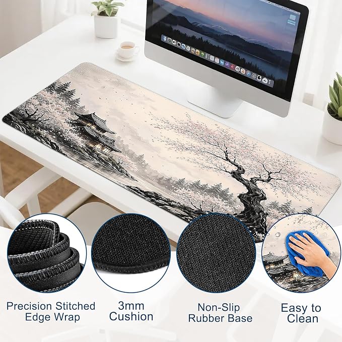 Gaming Desk Mat with Silky Smooth Surface & Exquisite Patterns,31.5x11.8 Inches Large-Sized Mouse Pad, Perfect for Extended Gaming,Work,and Home Office Decor (Japanese Ink Painting 2)