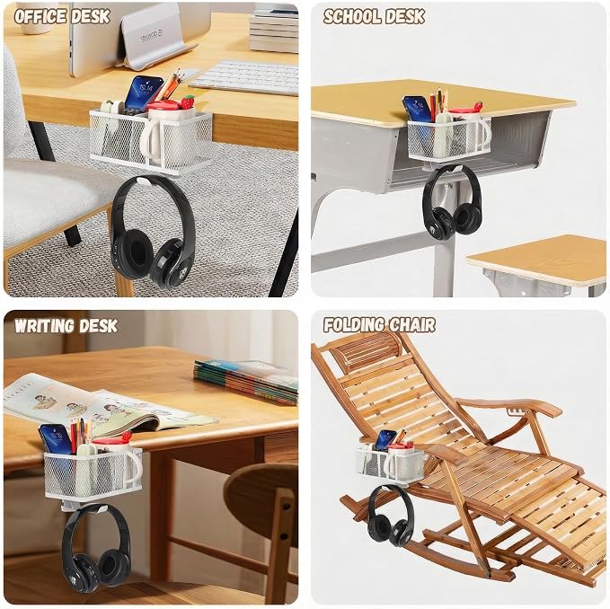 Multi-Function Desk Cup Holder with Headphone Hanger, 3 in 1 Caddy Organizer for Salon Chair, Bedside, Desk or Table - Sturdy Anti-Spill Drink Holder for Water Bottles, Coffee, Bag (White)