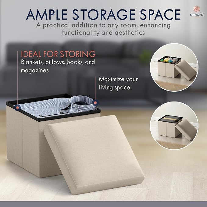 Ornavo Home Small Storage Ottoman Foldable Collapsible Cube Square Linen Ottoman Foot Rest Stool Seat, for Living Room, Bedroom, Home Office, Dorm - 12 x 12 x 12, Beige