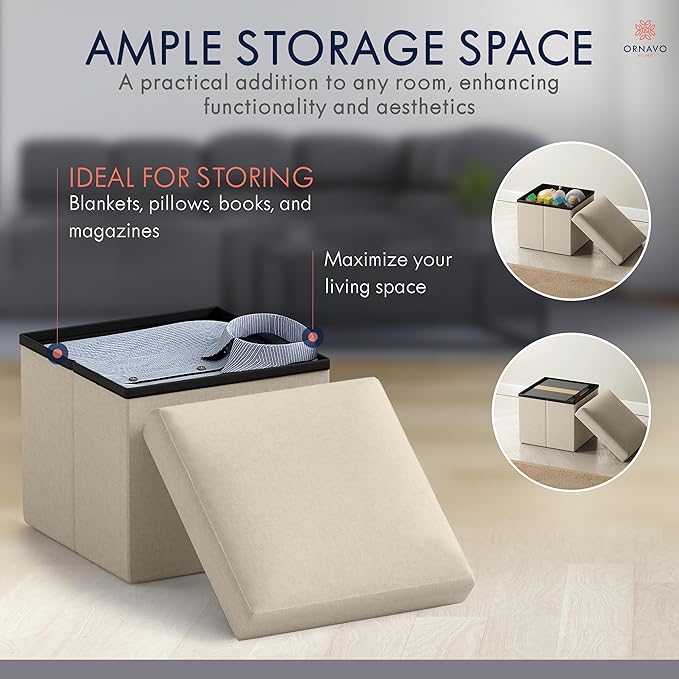 Ornavo Home Small Storage Ottoman, Set of 2 Foldable Collapsible Cube Square Linen Ottoman Foot Rest Stool Seat, for Living Room, Bedroom, Home Office, Dorm - 12 x 12 x 12, Beige