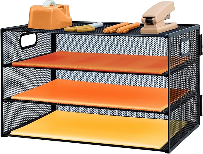 3 Tier Letter Tray Paper Organizer with Handle Desk Paper Organizer Tray, Desktop File Folder sorter Holder for Home Office School