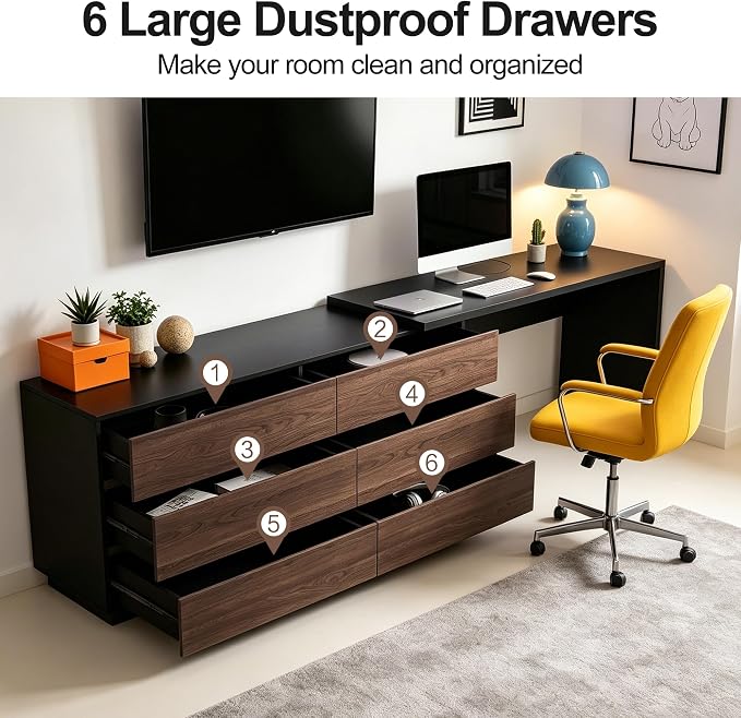 Retractable L-Corner Computer Desk with 6 Organizer Drawers for Games, Make-up, Home Office, Walnut