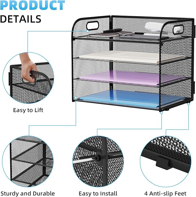 Marbrasse 4 Tier Paper Organizer Letter Tray - Mesh Desk File Organizer with Handle, Paper Sorter Organizer for Letter/A4 Office File Folder Holder (Black, 12.6" x 9.1" x 10.7")