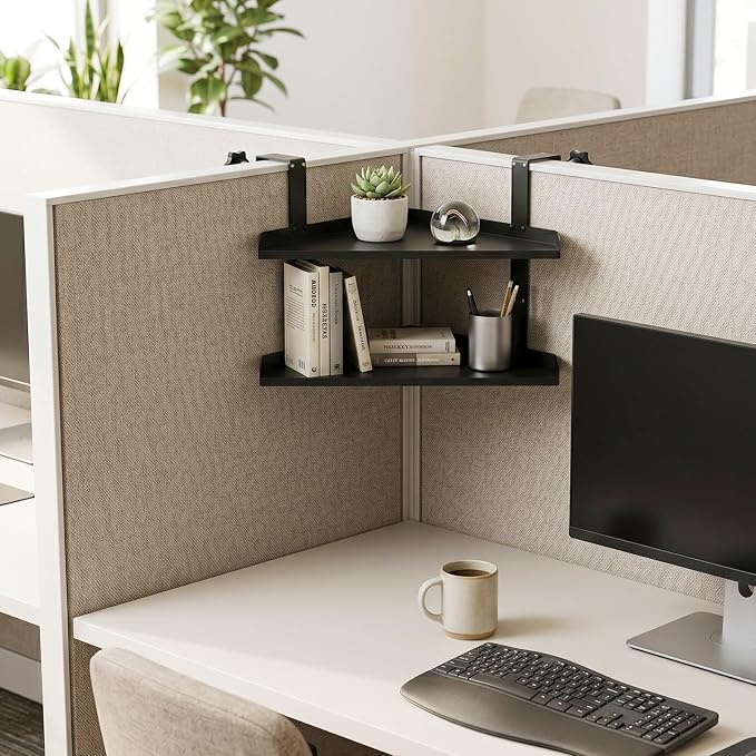 Office Cubicle Shelf, 17 Inch Floating Storage Organizer Rack, Knob Tension Mount No Drill Hanging Cubicle Shelf with Adjustable Hooks,Black 1 Pack