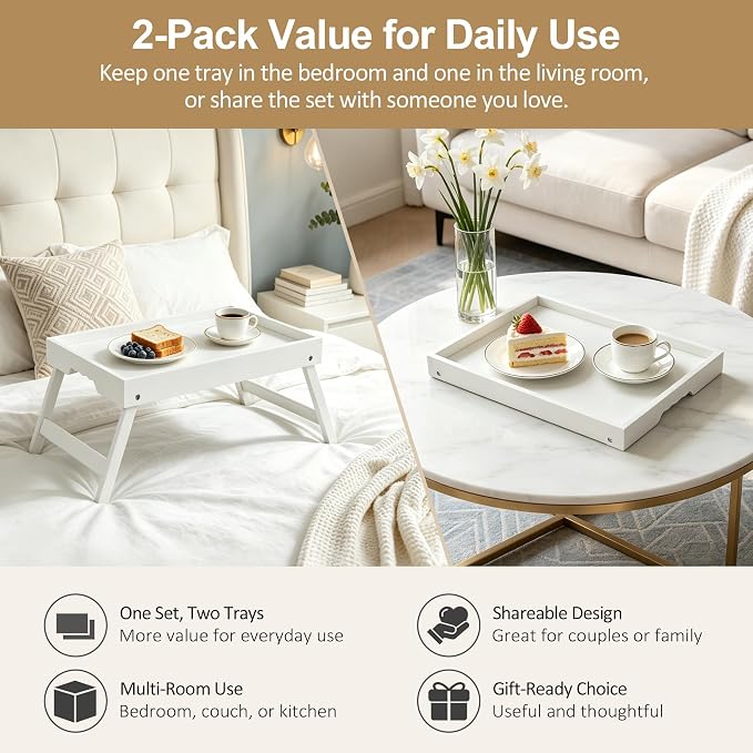 Large Breakfast Tray with Folding Legs Set of 2, 16.9" x 12.2" Bamboo Bed Tray Table with Ergonomic Wave Handles, Foldable TV Dinner Tray for Bed Couch Sofa, Breakfast, Laptop, Coffee,White