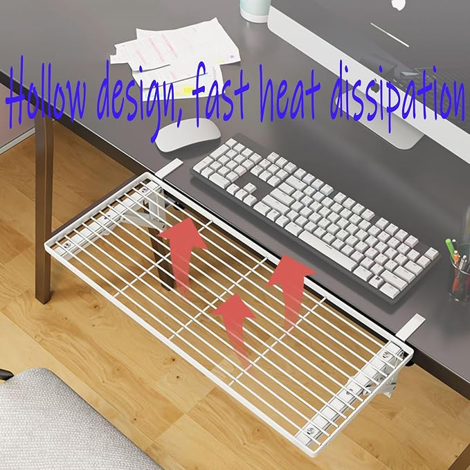 Desk Extender Side Table,Keyboard Tray,Desk Extender,No Drilling Installation，Carbon Steel Baking Paint，Can be Used for Desk Extension，Keyboard Tray Under Desk clamp (Skeletonization), White