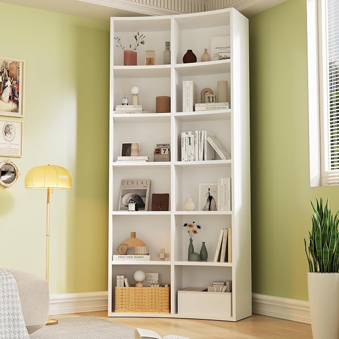kepptory 71” Tall Narrow Corner Bookshelf, 12 Cube Storage Organizer with Backboard & Anti‑Toppling Kit – Slim Vertical Bookcase for Small Spaces, Apartment, Home Office (6 Tier, White)