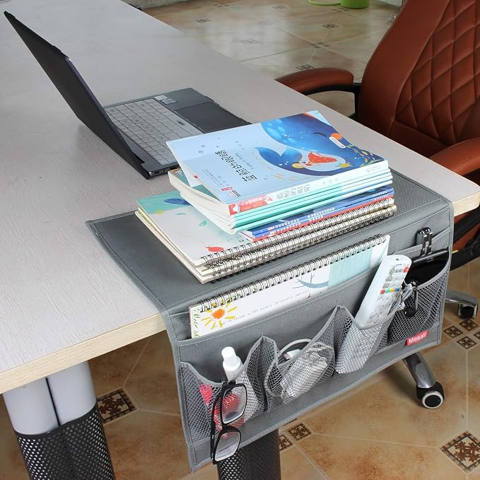 Bedside Storage Organizer with 6 Pockets, Bedside Caddy, Table Cabinet Storage Organizer, TV Remote Control, Phones, Magazines, Tablets, Accessories, Grey