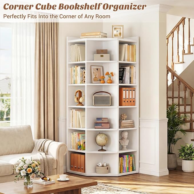 Aheaplus 7-Tier Wooden Corner Cube Bookshelf, Corner Storage Cabinet with 18 Cubes, Corner Cube Organizer Display Shelf with Top Table, Modern L Shaped Cubby Bookcase for Home Office, White