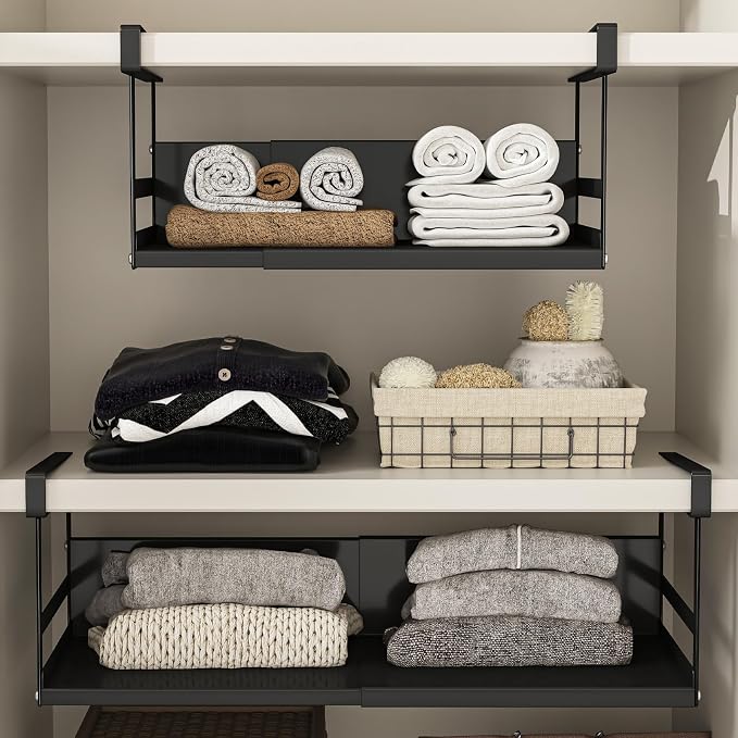 Expandable Under Cabinet Shelf Organizer with 0.94 Inches Thick Clips, Heavy Duty Extendable Under Shelf Storage Basket for Pantry or Laundry Room, Black, 1 Pack, Interior: 5.7" H x 8.54" D