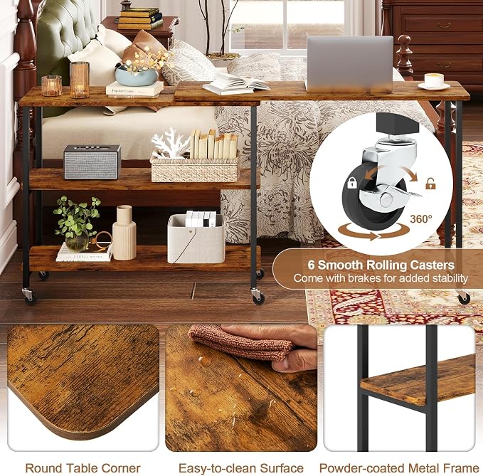 Tangkula Large 360° Free Rotating Sofa Side Table, Patented Mobile Couch Desk with 2-Tier Storage Shelves, Movable Laptop Desk with Sturdy Metal Frame, Extendable Couch Snack Table for Home Office