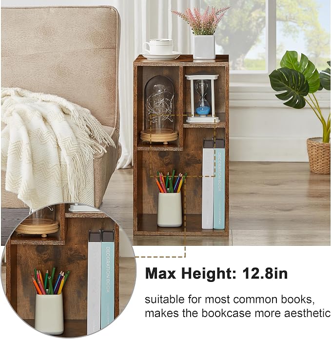 VECELO 11.8" Open Bookshelf, Waterproof Particle Board Asymmetrical Split Cubby Storage Organizer, Brown Uneven Compartment Display Cube for Tall Books, Bedroom Dorm Office