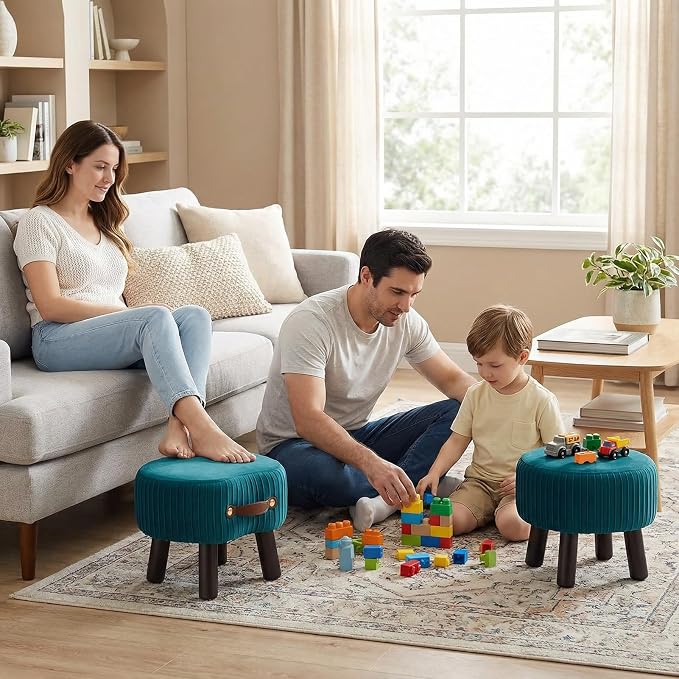 Foot Stools Small, Ottomon with Handle, Velvet Footrest Ottoman | Curved Foot Stool with Padded Seat Wooden Legs, Portable Foot Rest for Living Room, Bedroom, Entryway, (Peacock Blue)
