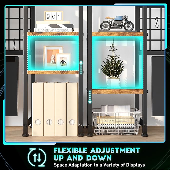 REIBII Desk Shelf with LED Light Strip,Adjustable 45.1" Desk Hutch Dorm with 5 Tier Display Shelf Rack,Desktop Bookshelf with Grid Panel & Hooks for Home, Office and Dorm, Rustic Brown