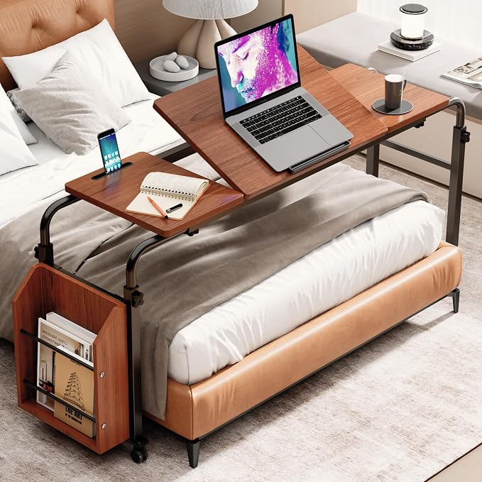 Laptop Desk for Bed,6-Angle Adjustable Overbed Table with Wheels,Adjustable Height and Length Bed Table for Laptop with Side Bookshelf,Standing Desk,Over Bed Desk for Working Hospital Home (Oaken)