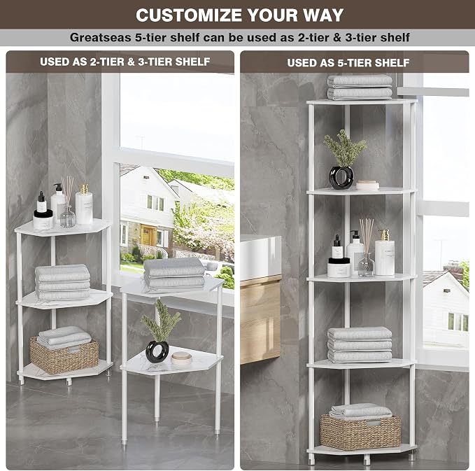 5-Tier Corner Shelf Stand Marble White 50.2" Bathroom and Kitchen Corner Shelves for Small Spaces Organization & Storage Kitchen Decor Accessories