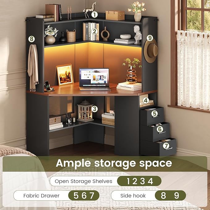 SEDETA 31.5" Corner Desk for Small Space, Corner Gaming Desk with 3 Drawers & LED Lights, Corner Desk with Hutch, Corner Computer Desk with Storage Shelves for Home Office, Black + Brown