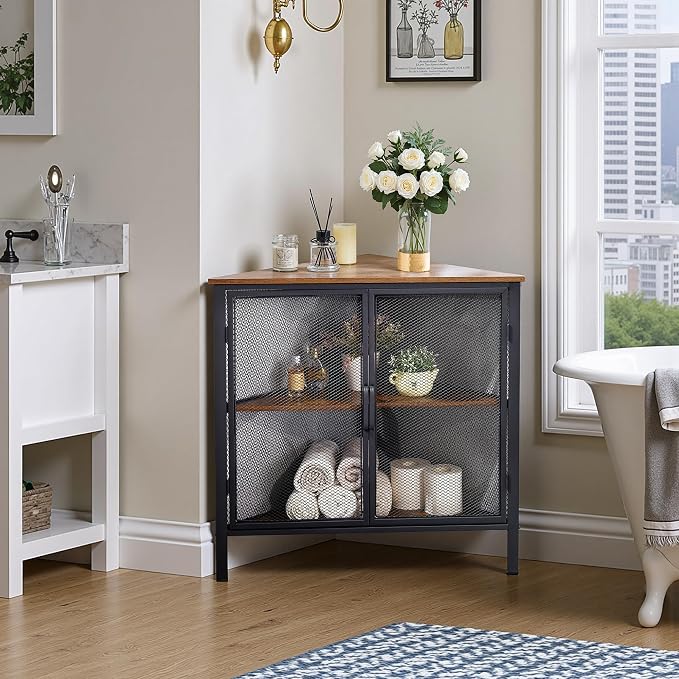 VECELO 3-Tier Corner Table,Cabinet with Mesh Door,Corner Shelf Stand,Metal Frame Storage Shelf Organizer Display Shelves for Bedroom,Wall Corner,Living Room,Kitchen,Bathroom