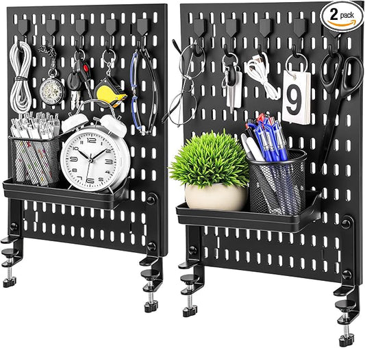Marspark Clamp-on Desk Pegboard 2-pack (24" x 16" Combined Size) Privacy Divider & Desk Partition Panel Office Accessory Organizer No-drill Mounted Pegboard for Home, Office, Gaming, Black
