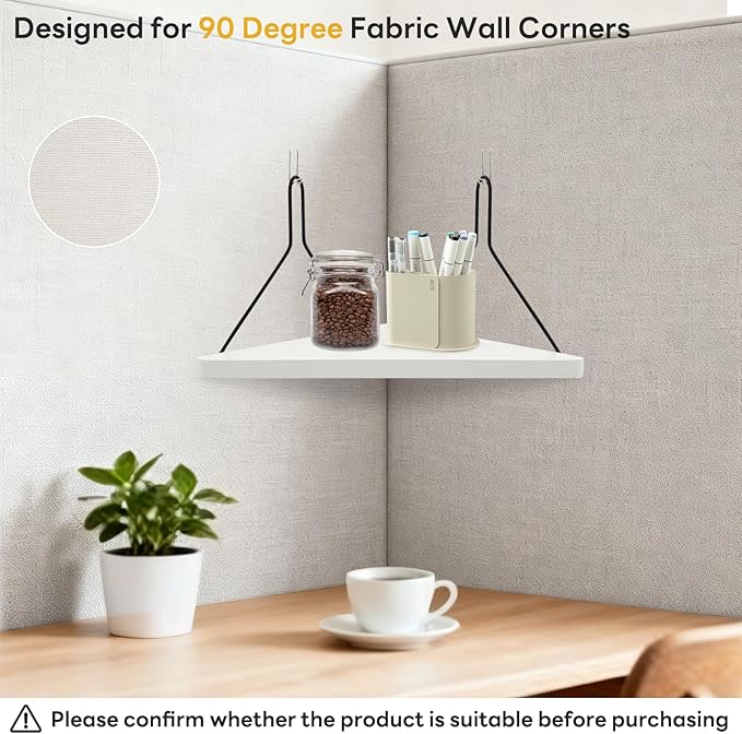 Fabric Wall Cubicle Corner Shelf with Hooks 11.8 Inch Wooden Triangular Cubicle Corner Shelf for Office Fabric Walls Display Storage Hanging Organizer for Work Decor Small Planter(White，2 PCS)