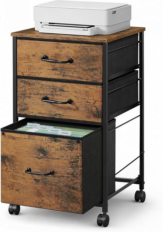 DEVAISE Mobile File Cabinet, Rolling Printer Stand with 3 Drawers, Fabric Vertical Filing Cabinet fits A4 or Letter Size for Home Office, Rustic Brown Wood Grain Print