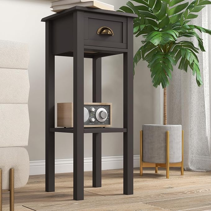 HOMCOM Narrow End Table with Drawer and Bottom Shelf, Slim Side Table for Small Spaces, Skinny Modern Accent Desk for Living Room, Set of 1, Coffee