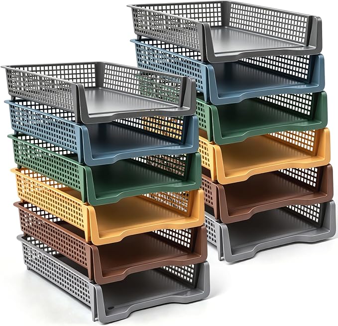 Geetery Set of 12 Plastic Trays for Teachers Turn in Trays Classroom Stackable Paper Tray Plastic Classroom Teachers Desk Letter Organizer Storage Baskets for Office, Desk, Home (Cottage Color)