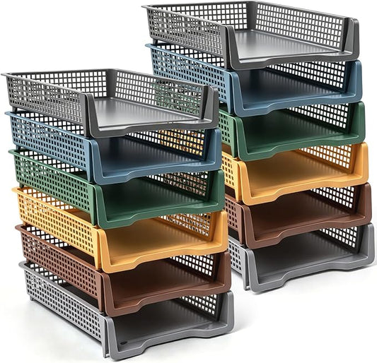Geetery Set of 12 Plastic Trays for Teachers Turn in Trays Classroom Stackable Paper Tray Plastic Classroom Teachers Desk Letter Organizer Storage Baskets for Office, Desk, Home (Cottage Color)
