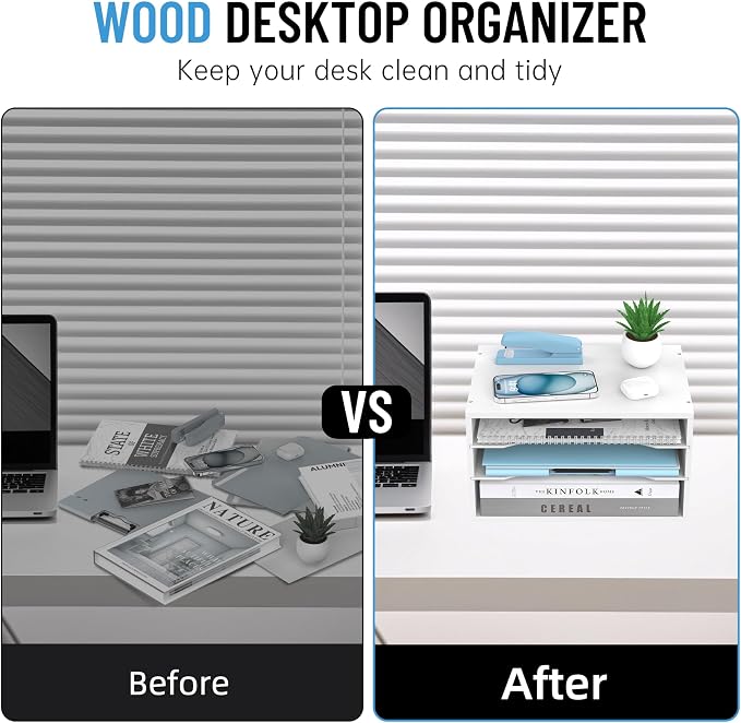 Wood Desk Organizer, 3 Tier Paper Tray Organizer for Desk with Adjustable Storage Shelves, Desktop File Organization Paper Sorter Mail Holder for Office Home Classroom, White