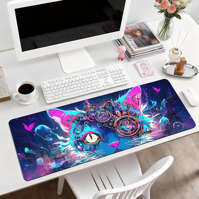 Gaming Desk Mat with Silky Smooth Surface & Exquisite Patterns,31.5x11.8 Inches Large-Sized Mouse Pad, Perfect for Extended Gaming,Work,and Home Office Decor (Cool Cat Head 2)