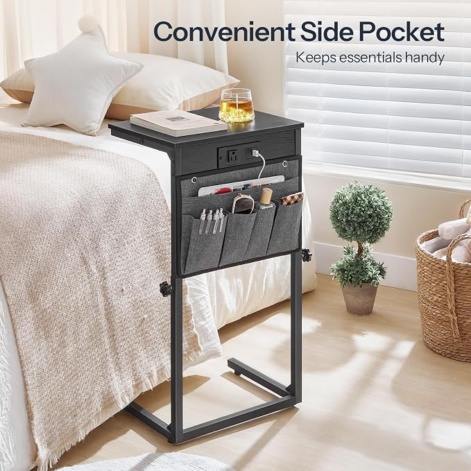 HOOBRO C Shaped End Table with Charging Station, 30” Adjustable Height Sofa Side Table with Storage Pocket, Slide Under Couch Table for Sofa Arm Tray, for Living Room, Bedroom, Black BB77USF01