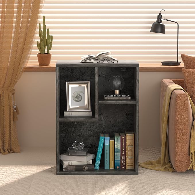 VECELO 15.7" Open Bookshelf, Waterproof Particle Board Asymmetrical Split Cubby Storage Organizer, Gray Uneven Compartment Display Cube for Tall Books, Bedroom Dorm Office