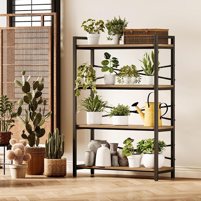 4 Tier Bookshelf 31.49" Width, Tall Book Shelf Storage and Organization, Wooden and Metal Industrial Bookcase, Large Book Shelves for Home Living Room Bedroom Office Storage(Light Coffee)