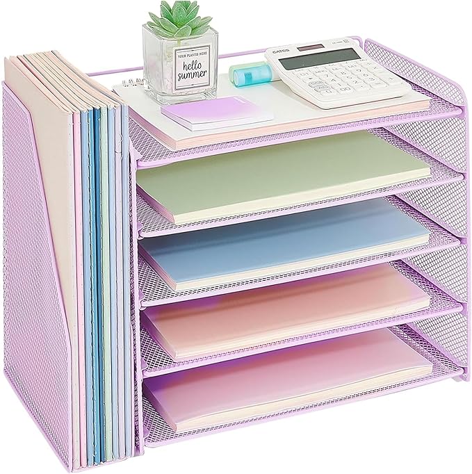 OPNICE Desk Organizer, 5-Tier Paper Organizer Letter Tray with Magazine Holder, Office Desk Accessories & Workspace Organizers, Desktop File Organizer for Office Supplies Storage, Purple