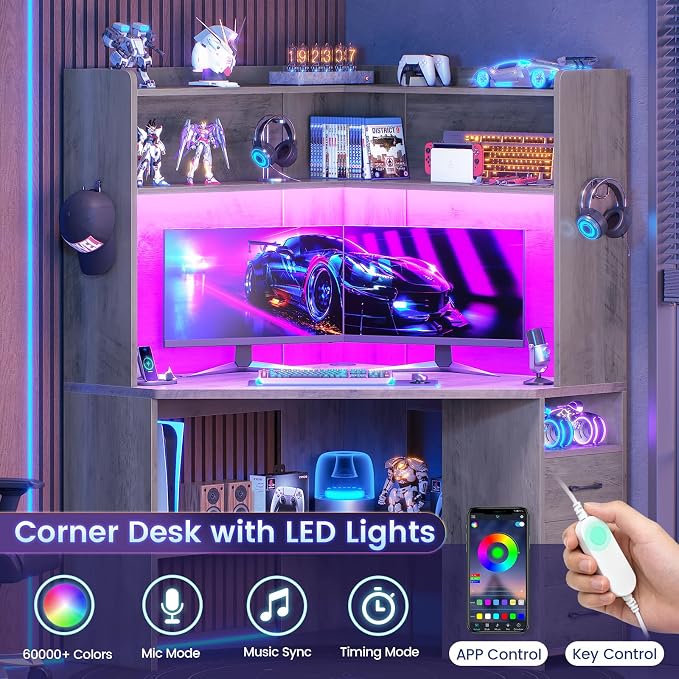 SEDETA 31.5" Small Corner Desk, Farmhouse Corner Desk with Hutch & 3 Drawers, Corner Desk for Small Space, Small Corner Computer Desk with Storage Shelves & LED Lights for Home Office, Grey