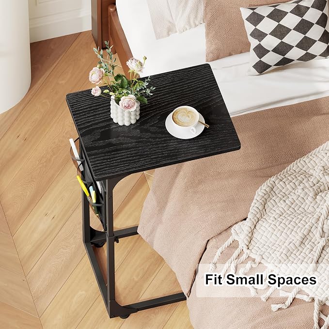 Fixwal C Shaped End Table Adjustable Height Side Table for Couch, TV Tray with Storage Bag Slide Under Sofa Small Tables for Living Room, Bedroom & Office, Black