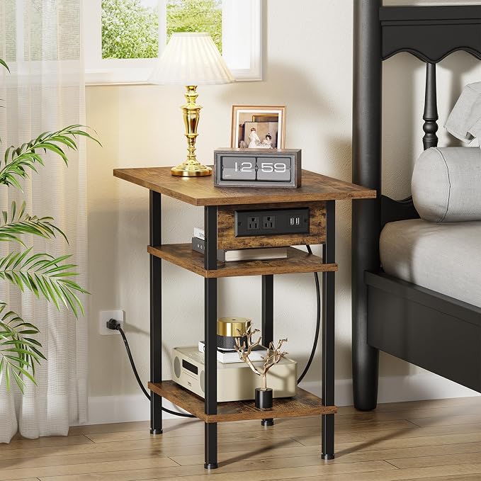 Asgolion Side Table with Charging Station, Skinny Nightstand with USB Ports and Outlets, 3 Tier Narrow End Table with Storage for Bedroom, Living Room, Office, Rustic Brown and Black