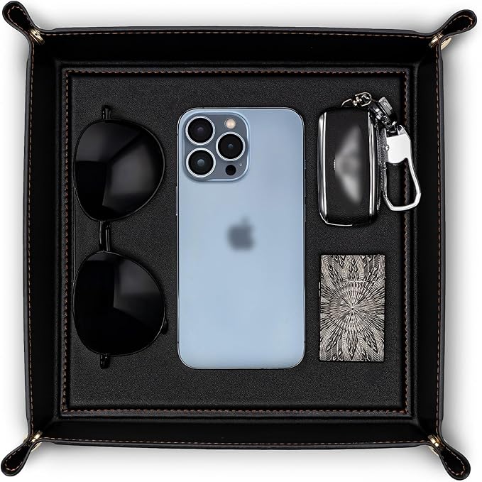 VLANDO Valet Tray Organizer, PU Leather Catchall Tray for Men | Classic valet tray for men with space for keys, wallet, watch, phone, coins and EDC accessories on desk or dresser