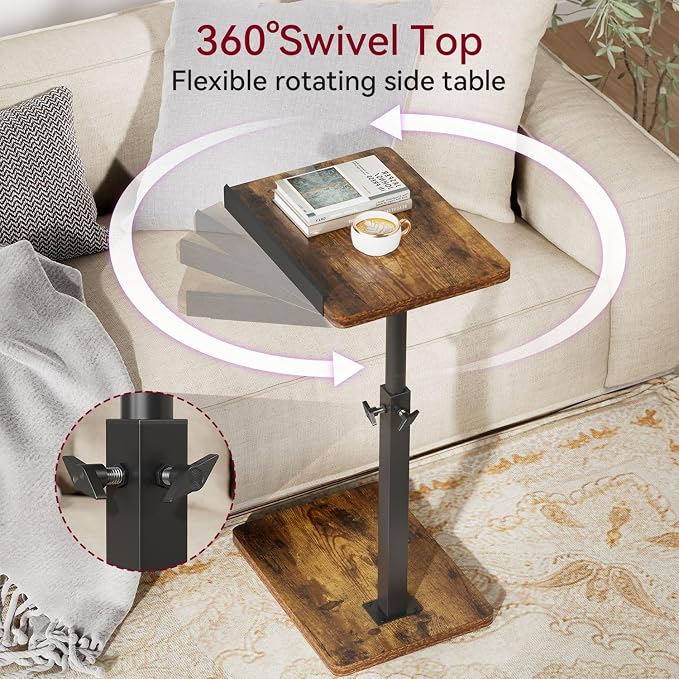 IBUYKE C Shaped Side Table, Angle Adjustable, 360° Swivel Height Adjustable End Table for Small Spaces, for Phone Computer & Tablet, Modern Small Coffee Snack Table for Sofa/Bed, Brown UTVT004H