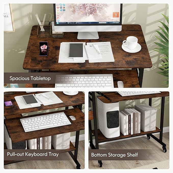 Tangkula Rolling Computer Desk Cart with Keyboard Tray, Mobile Portable Laptop PC Desk with CPU Stand & 3 Hooks for Sofa & Bed, Industrial Small Desk on Wheels for Small Spaces, Home Office Desk