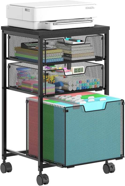 Sbanmao Rolling File Cart with 3 Drawers, Filing Cabinet, Hanging Folder Holder Organizer with Wheels, Under Desk Storage Utility Cart, File Cabinet Printer Stand for Home Office, Black