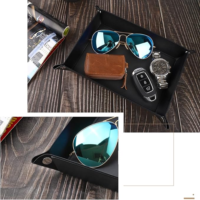 Luxspire Valet tray, PU Leather Tray, Catchall Tray, Men Women Jewelry Key Tray, Desk Storage Plate for Key Coin Phone Jewelry Wallet, Medium Size - Black