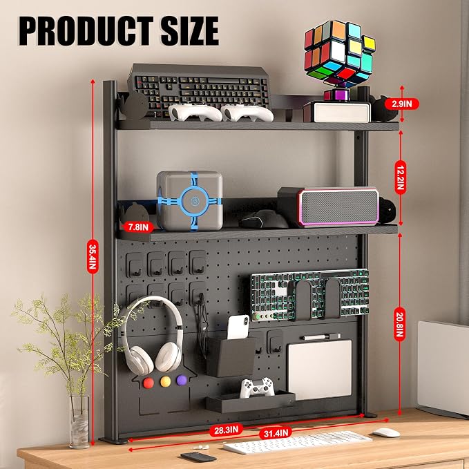 Modern Metal Clamp-On Desk Hutch with Pegboard, 2-Tier Desktop Organizer Shelf for Home Office or Gaming Desk, 31.4", Black