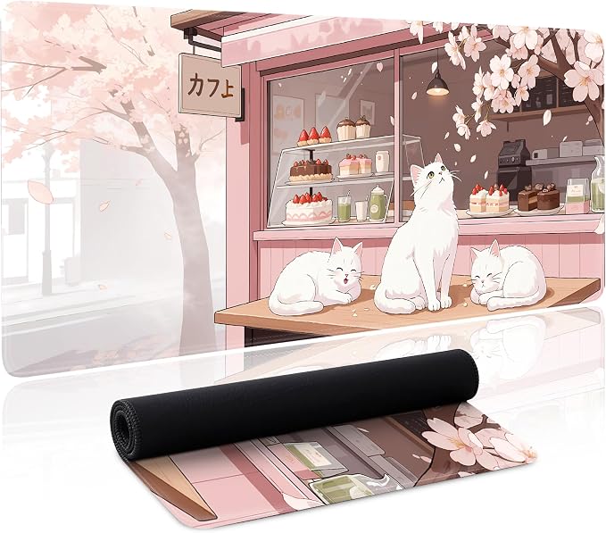Pink Cute Cat Gaming Mouse Pad Large Desk Mat Extended Keyboard Mouse Pad Anime Mousepad with Non-Slip Base and Stitched Edge Mouse Mat Desk Pad 31.5 x 11.8 in Mouse Pads for Desk Home Office Gaming