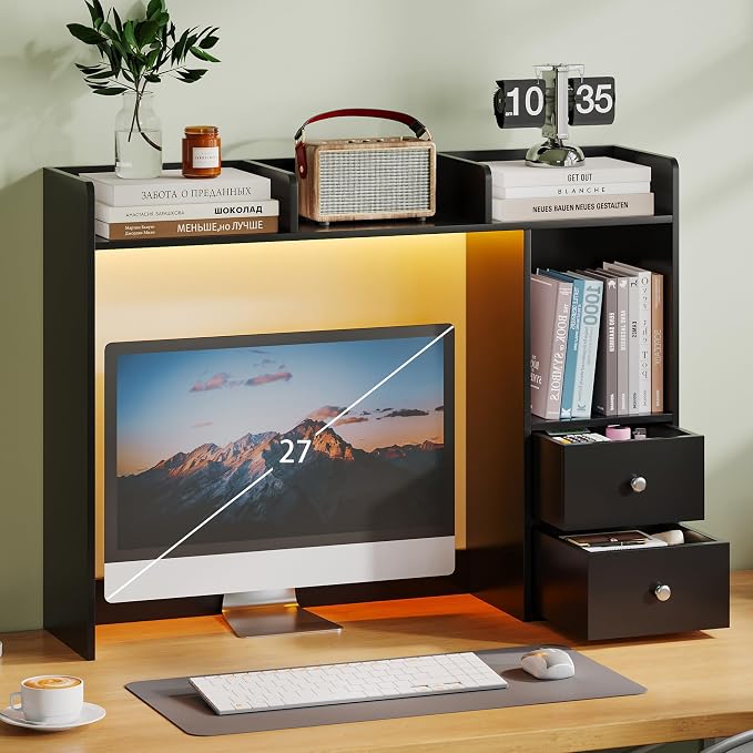 ChooChoo Desktop Bookshelf with LED Lights, 36.6" Dorm Desk Hutch with 4 Shelves and 2 Drawers, Fits 27" Monitor, Desk Organizer Shelf for Dorm Office Home, Black
