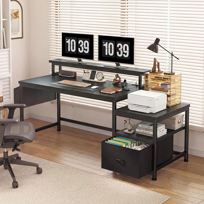 EnHomee 56.5" Black Computer Desk with File Drawers and Printer Space,Office Desk with Power Outlets and Monitor Stand,Gaming Desk,Study Desk, Writing Desk, Bedroom Desk
