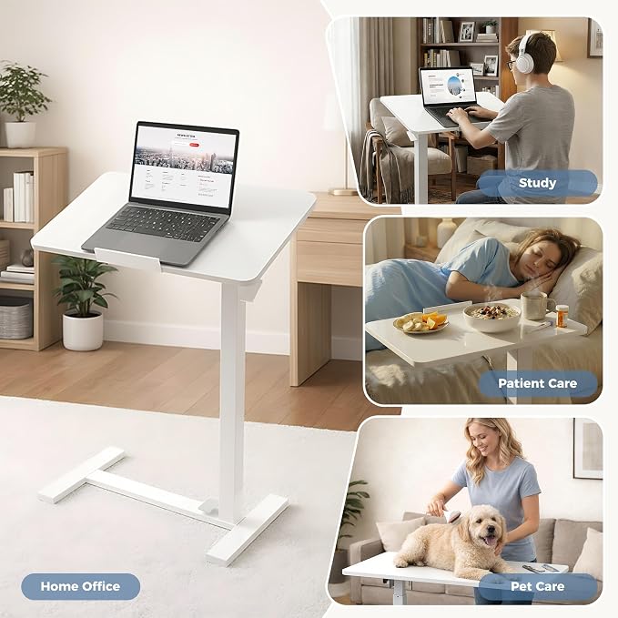 DUMOS Adjustable Rolling Desk, Mobile Overbed Bedside with Hidden Wheels, Portable Laptop Standing Desks Computer Workstation for Bed Sofa Couch, Milk