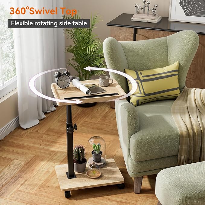 IBUYKE C Shaped Side Table Height Adjustable, 360° Swivel TV Tray Table with Wheels, End Table for Small Spaces,Living Room,Small Bedside Table for Eating, Dinner or Laptop,Natural UTVT007R